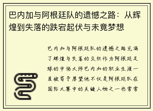 巴内加与阿根廷队的遗憾之路:从辉煌到失落的跌宕起伏与未竟梦想 巴内加与阿根廷队的遗憾之路:从辉煌到失落的跌宕起伏与未竟梦想