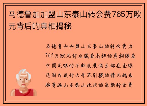 马德鲁加加盟山东泰山转会费765万欧元背后的真相揭秘 马德鲁加加盟山东泰山转会费765万欧元背后的真相揭秘
