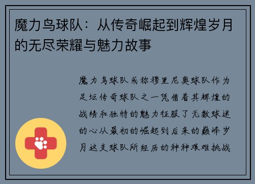 魔力鸟球队:从传奇崛起到辉煌岁月的无尽荣耀与魅力故事 魔力鸟球队:从传奇崛起到辉煌岁月的无尽荣耀与魅力故事