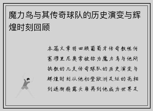 魔力鸟与其传奇球队的历史演变与辉煌时刻回顾